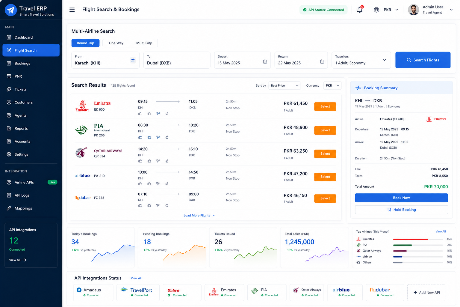 Travel ERP airline API integration dashboard showing multi-airline flight search and bookings