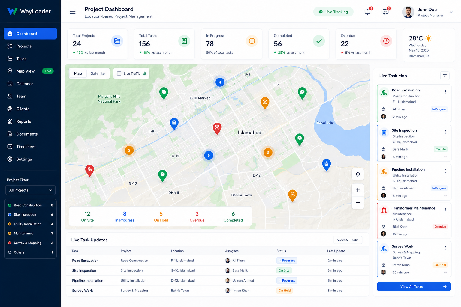 location-based project management platform dashboard showing live task map